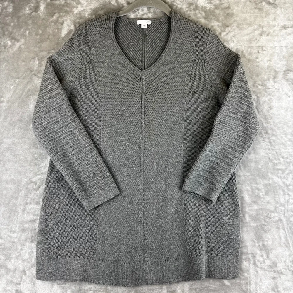 J. Jill Tunic Sweater Womens‎ Medium Petite Gray V-Neck Chevron Knit (1464)